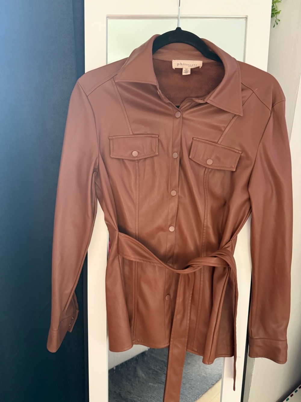 Philosophy faux leather belted shirt jacket with belt size small